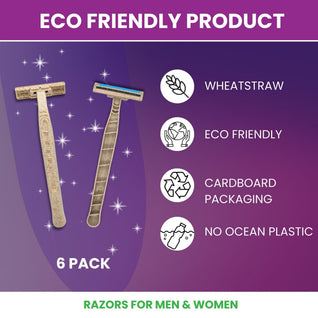 6-Pack Eco-Friendly Wheatstraw Razors - For Men & Women + Strip